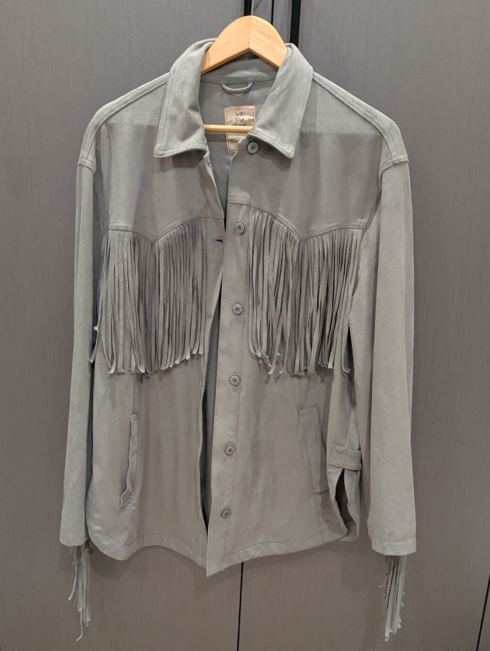 We The Free Gray Suede Fringe Shirt Jacket